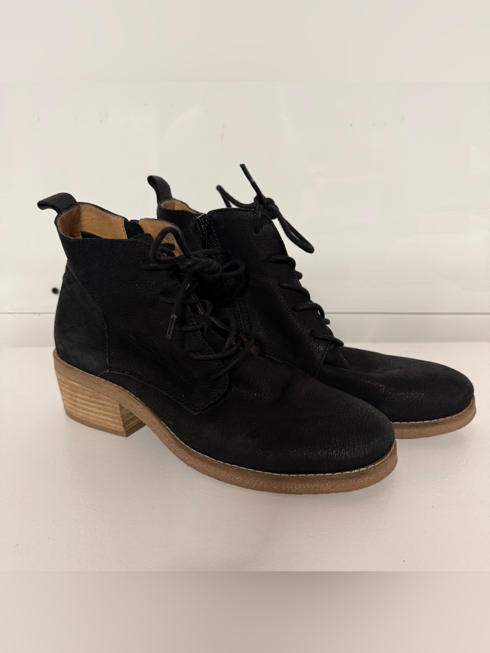 Lucky Brand Black Lace-Up Leather Ankle Boots with Tan Wood Heel